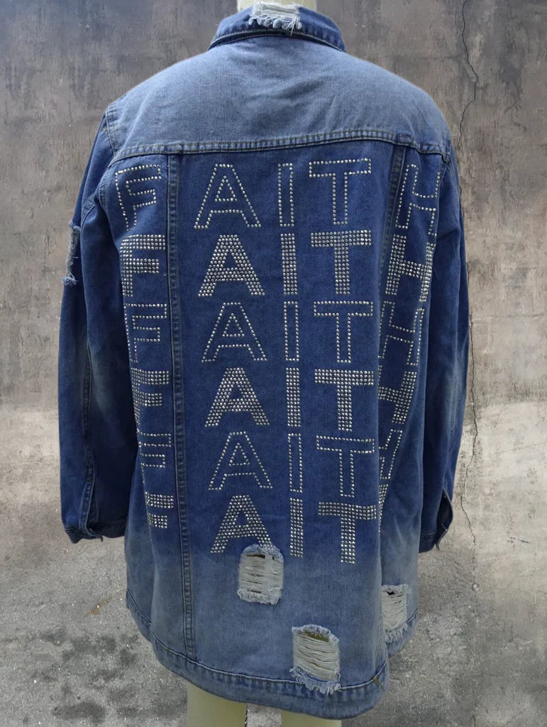 Women's "Faith" Button Down Classic Distressed Denim Jacket