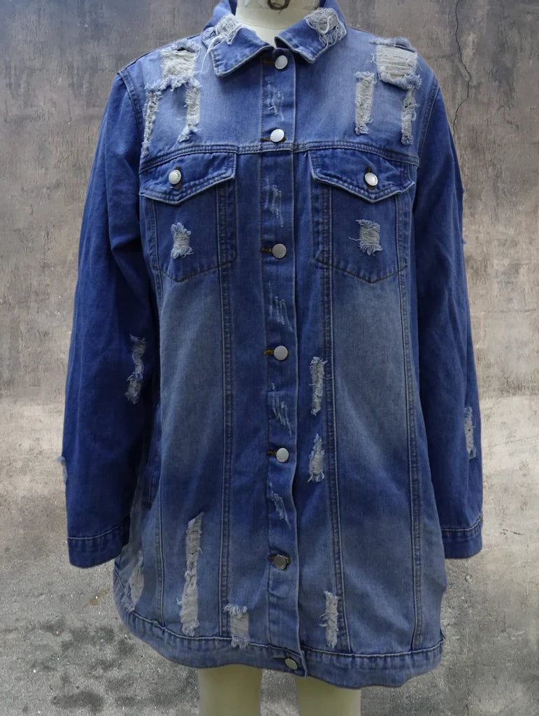 Women's "Faith" Button Down Classic Distressed Denim Jacket