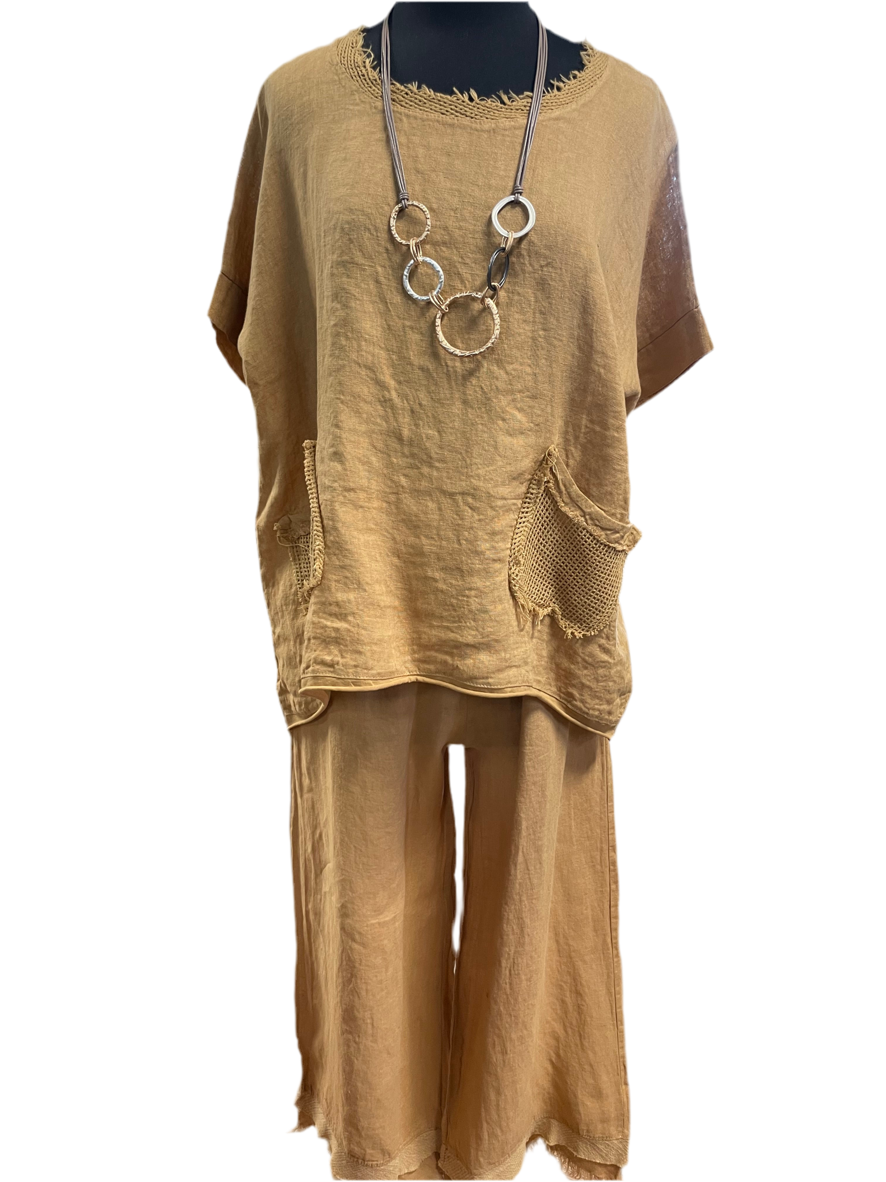 Two piece linen, frayed neck line