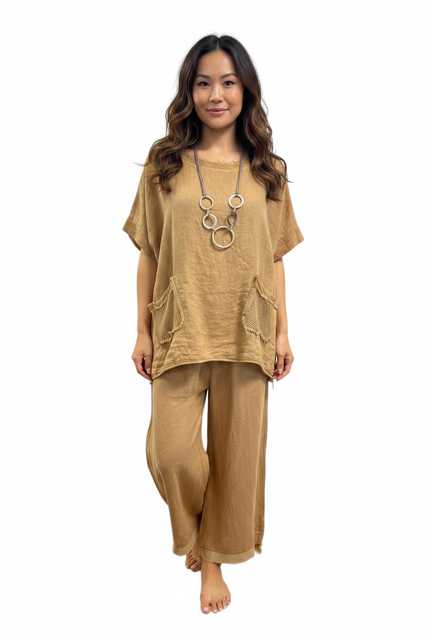 Two piece linen, frayed neck line
