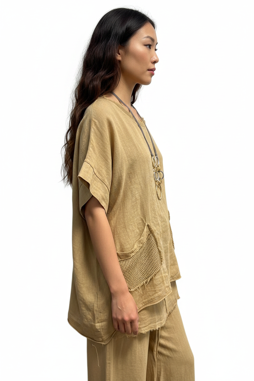 Two piece linen, frayed neck line