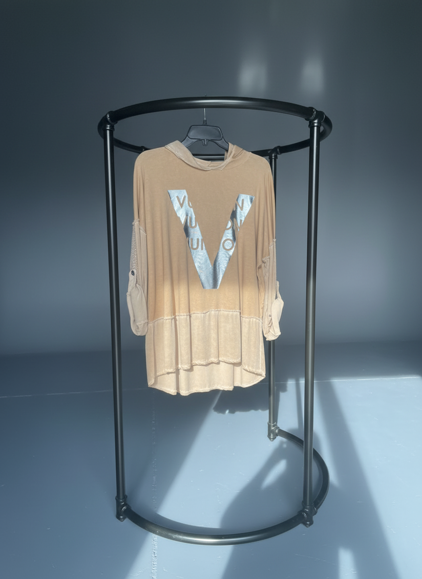 Hooded Metallic "V" Long Sleeve Top